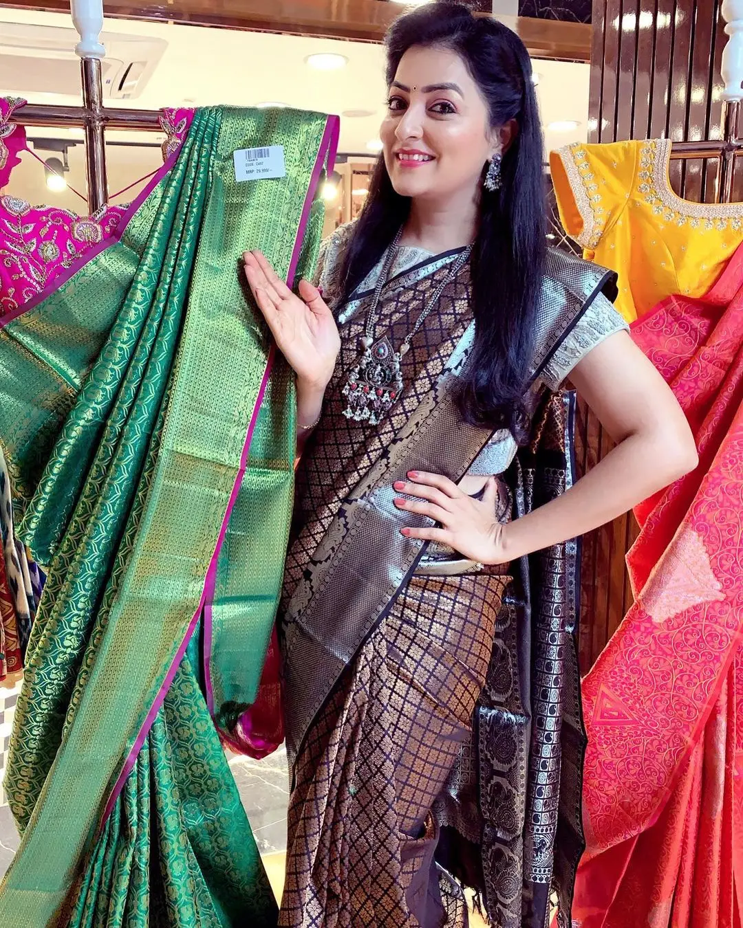 ETV Abhiruchi Madhuri Kandavalli In Black Pattu Saree Blue Blouse